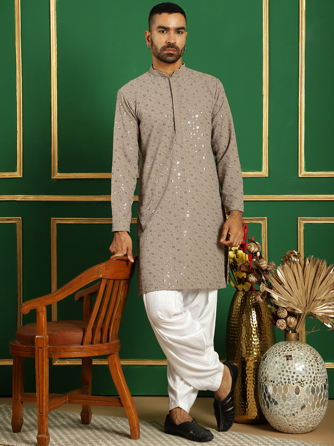 Gray Cotton Mirror Sequin Embroidered Kurta Pajama Set