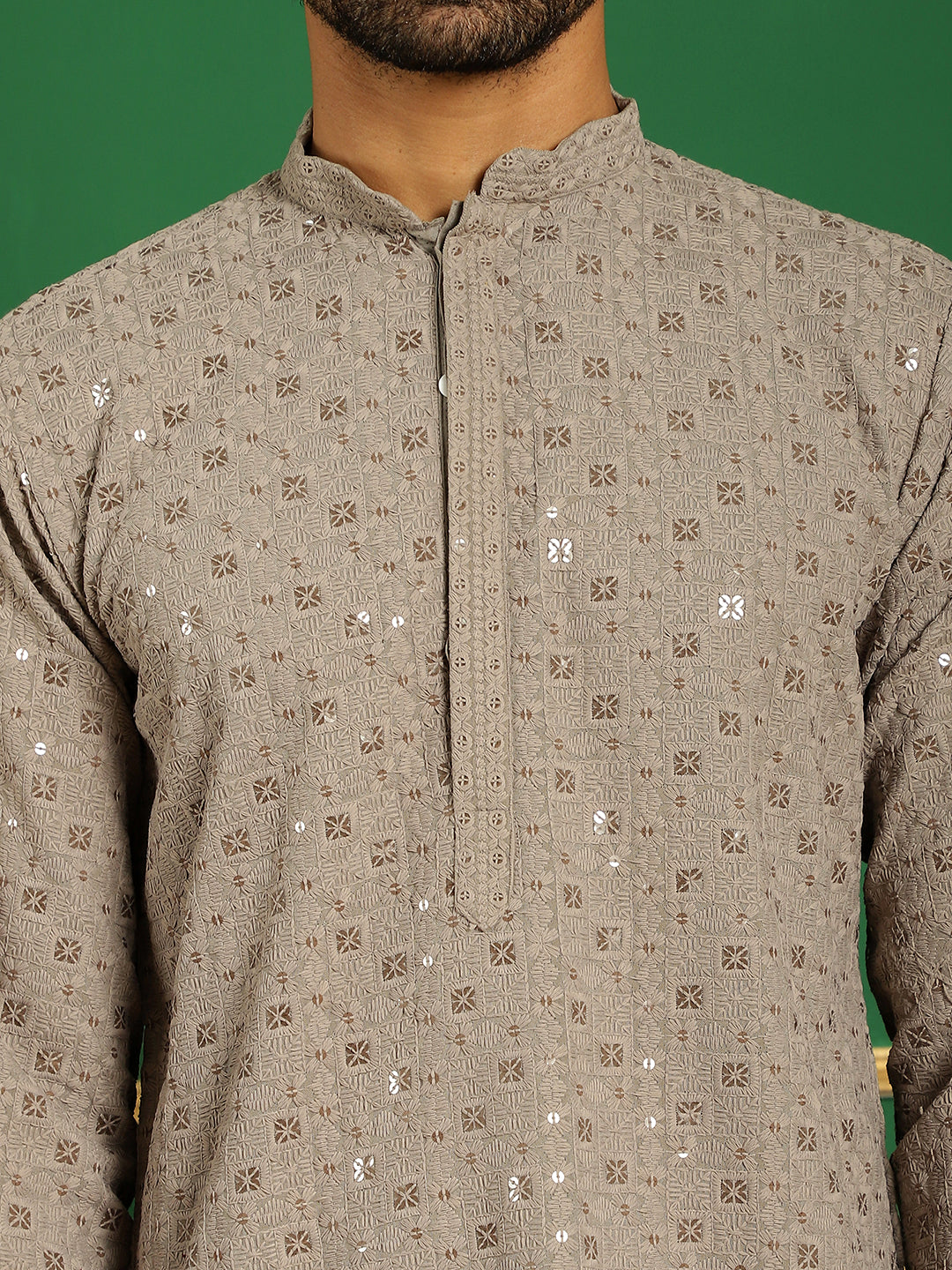 Gray Cotton Mirror Sequin Embroidered Kurta Pajama Set