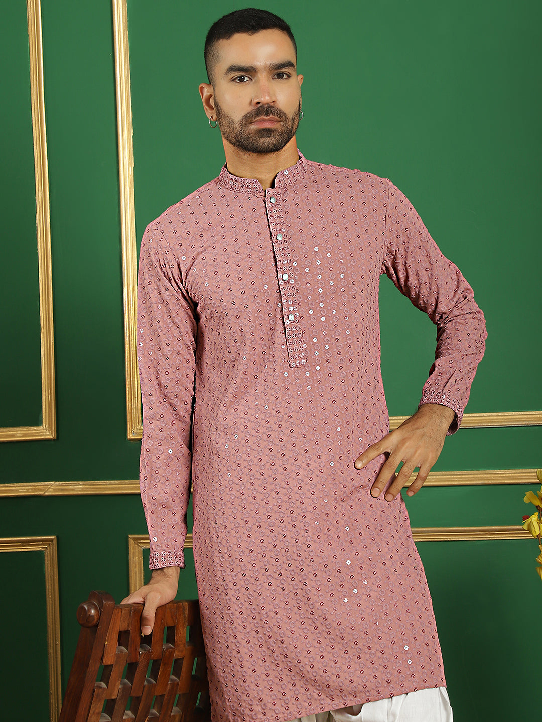 Pink Cotton Mirror Sequin Embroidered Kurta Pajama Set