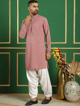 Pink Cotton Mirror Sequin Embroidered Kurta Pajama Set