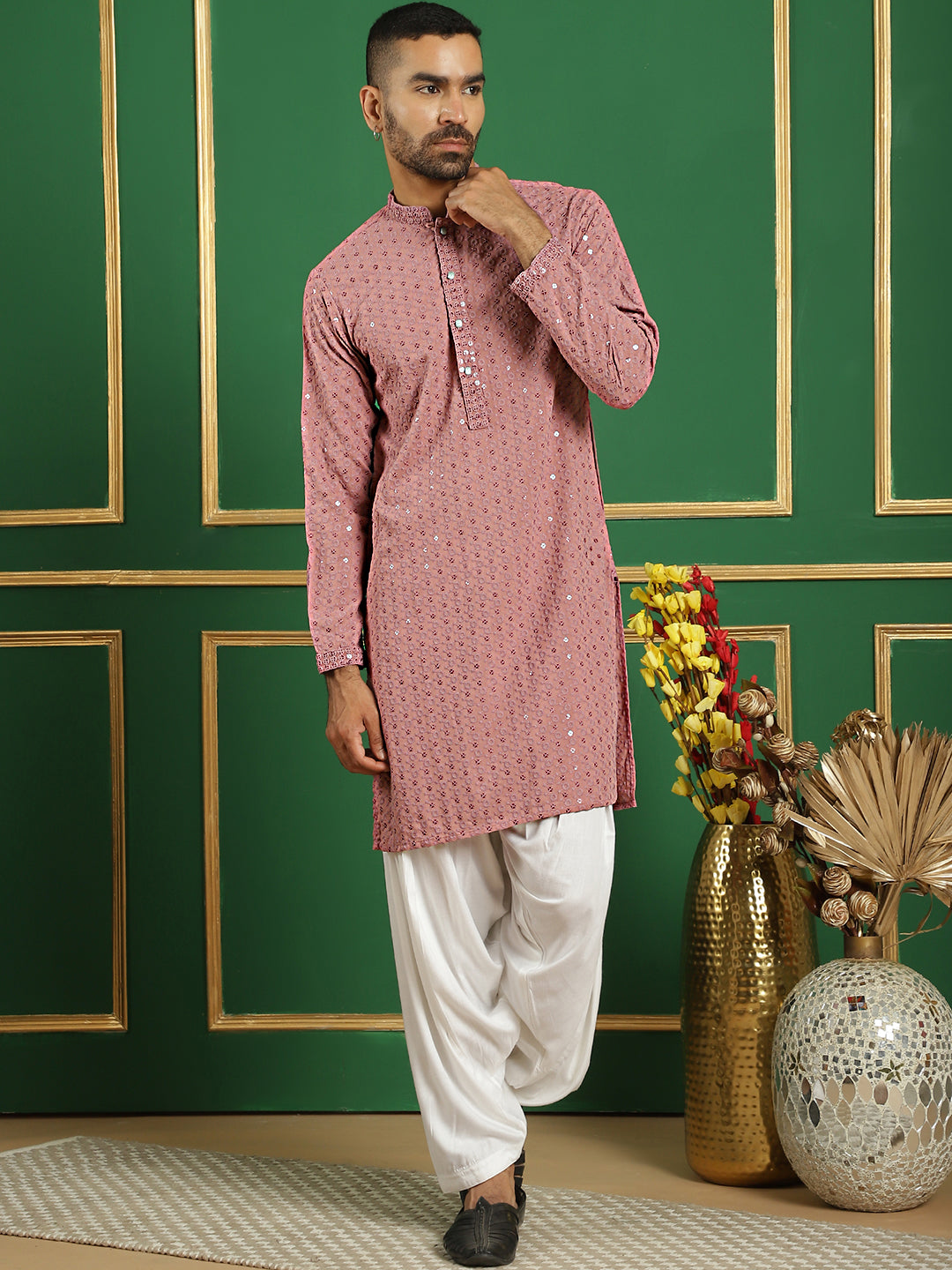 Pink Cotton Mirror Sequin Embroidered Kurta Pajama Set