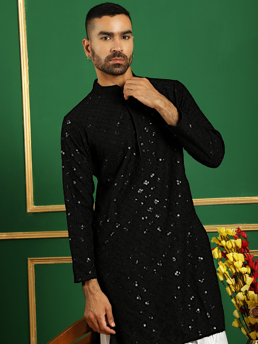 Black Cotton Mirror Sequin Embroidered Kurta Pajama Set