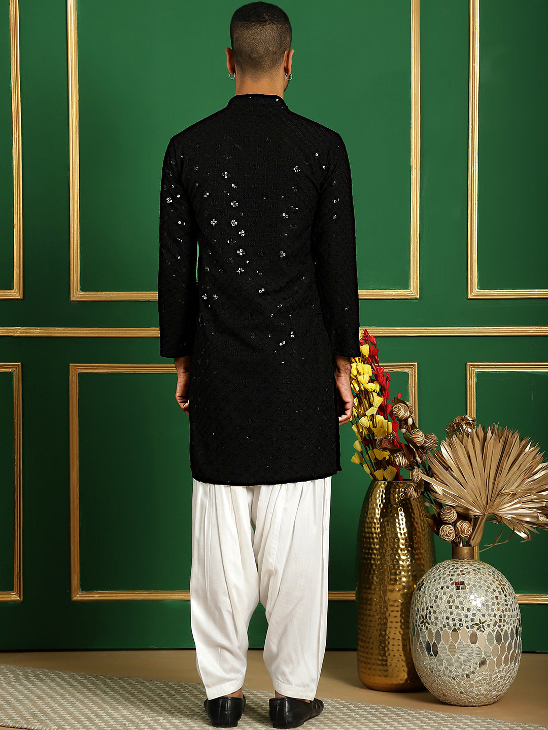 Black Cotton Mirror Sequin Embroidered Kurta Pajama Set