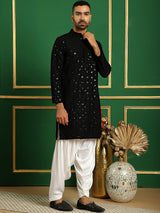 Black Cotton Mirror Sequin Embroidered Kurta Pajama Set