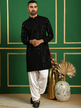 Black Cotton Mirror Sequin Embroidered Kurta Pajama Set