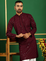 Burgundy Cotton Mirror Sequin Embroidered Kurta Pajama Set