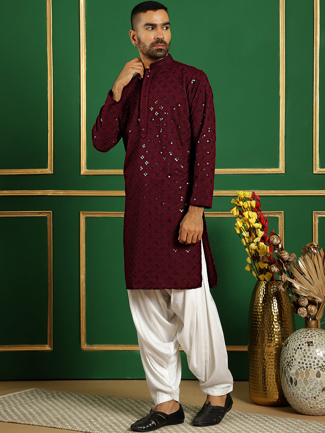 Burgundy Cotton Mirror Sequin Embroidered Kurta Pajama Set