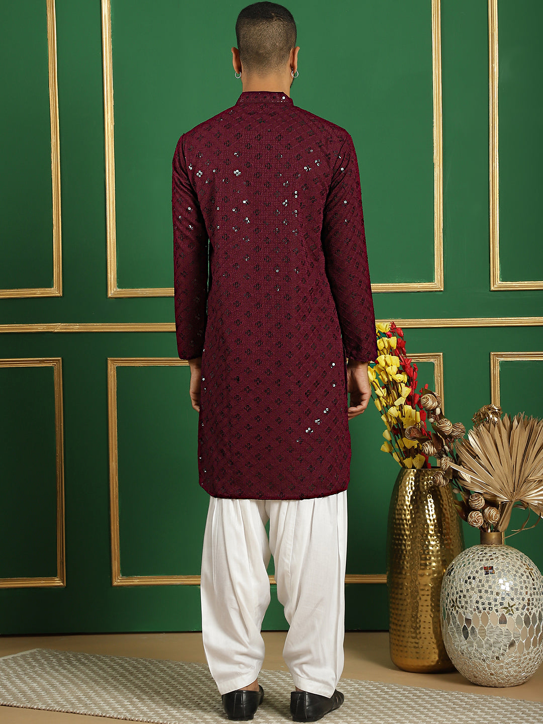 Burgundy Cotton Mirror Sequin Embroidered Kurta Pajama Set