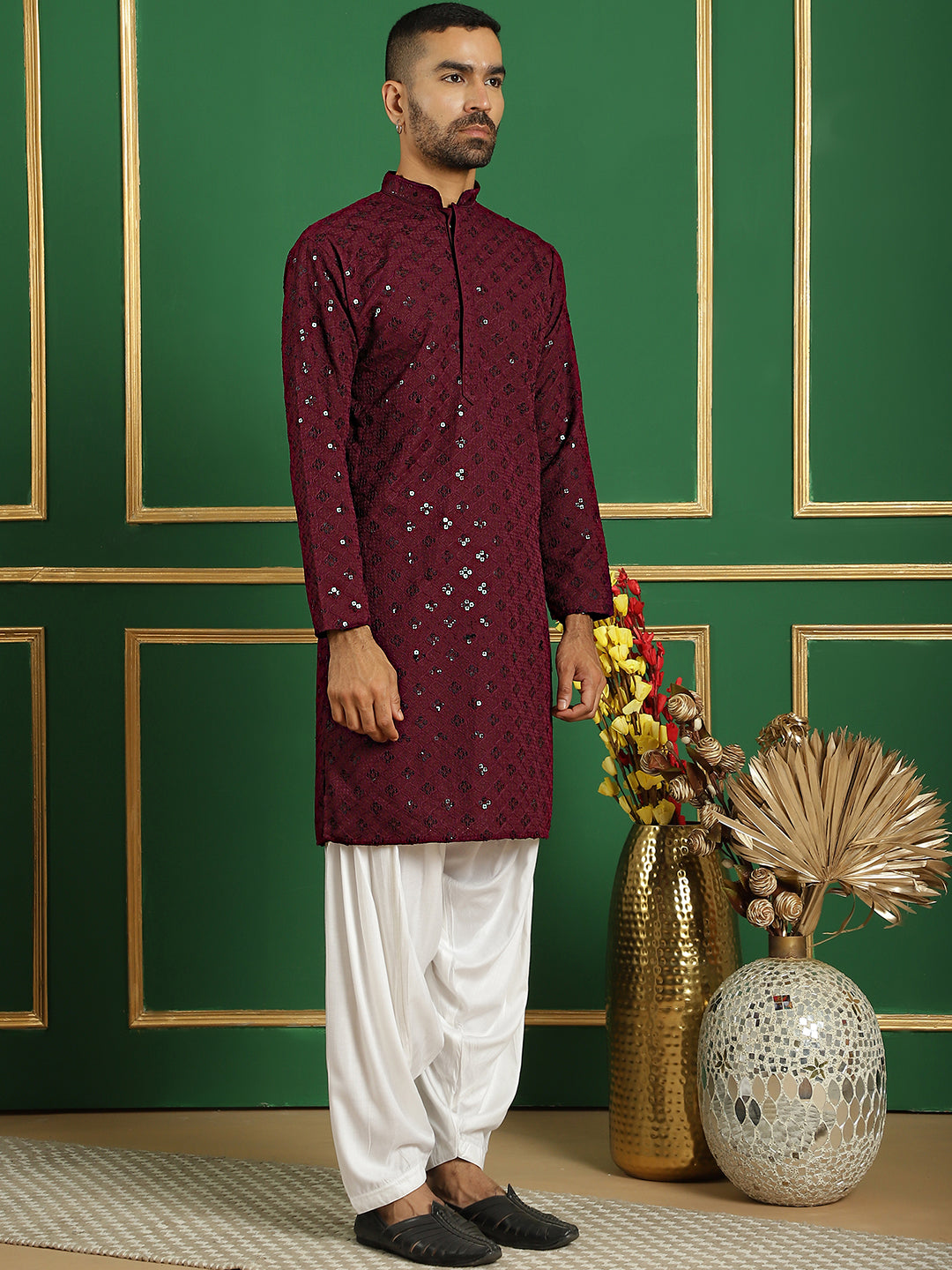 Burgundy Cotton Mirror Sequin Embroidered Kurta Pajama Set