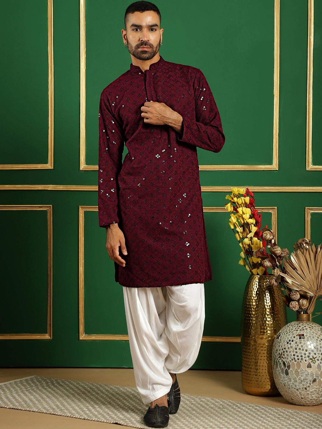 Burgundy Cotton Mirror Sequin Embroidered Kurta Pajama Set