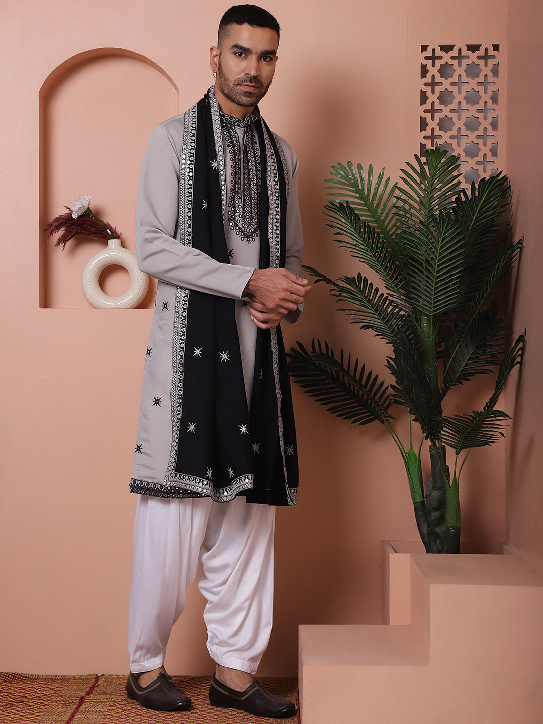 Gray Silk Embroidered Kurta Pajama Set with Dupatta