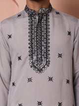 Gray Silk Embroidered Kurta Pajama Set with Dupatta