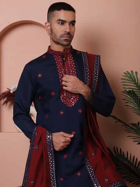 Navy Blue Silk Mirror Sequin Embroidered Kurta Pajama Set with Dupatta