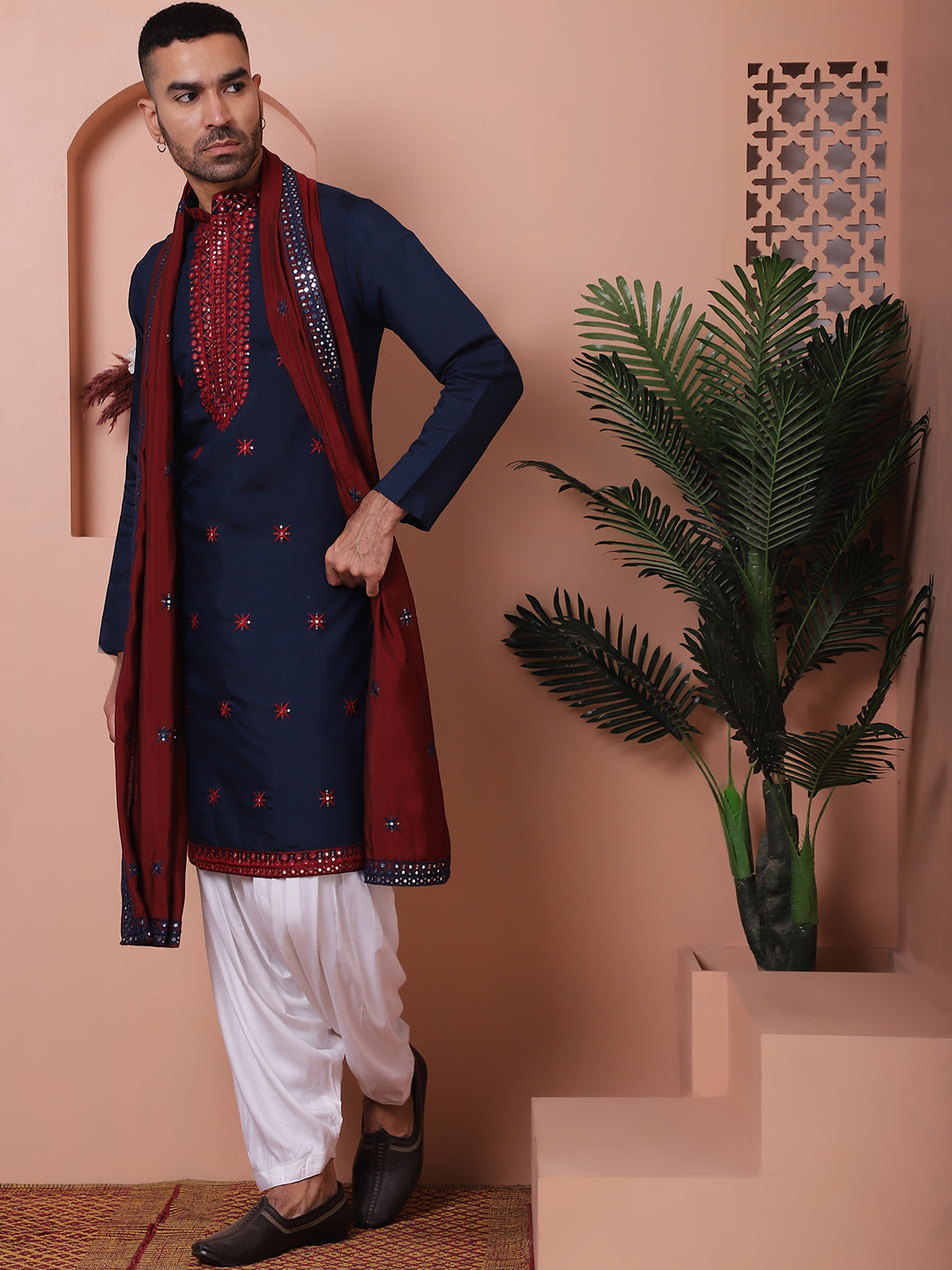 Navy Blue Silk Mirror Sequin Embroidered Kurta Pajama Set with Dupatta