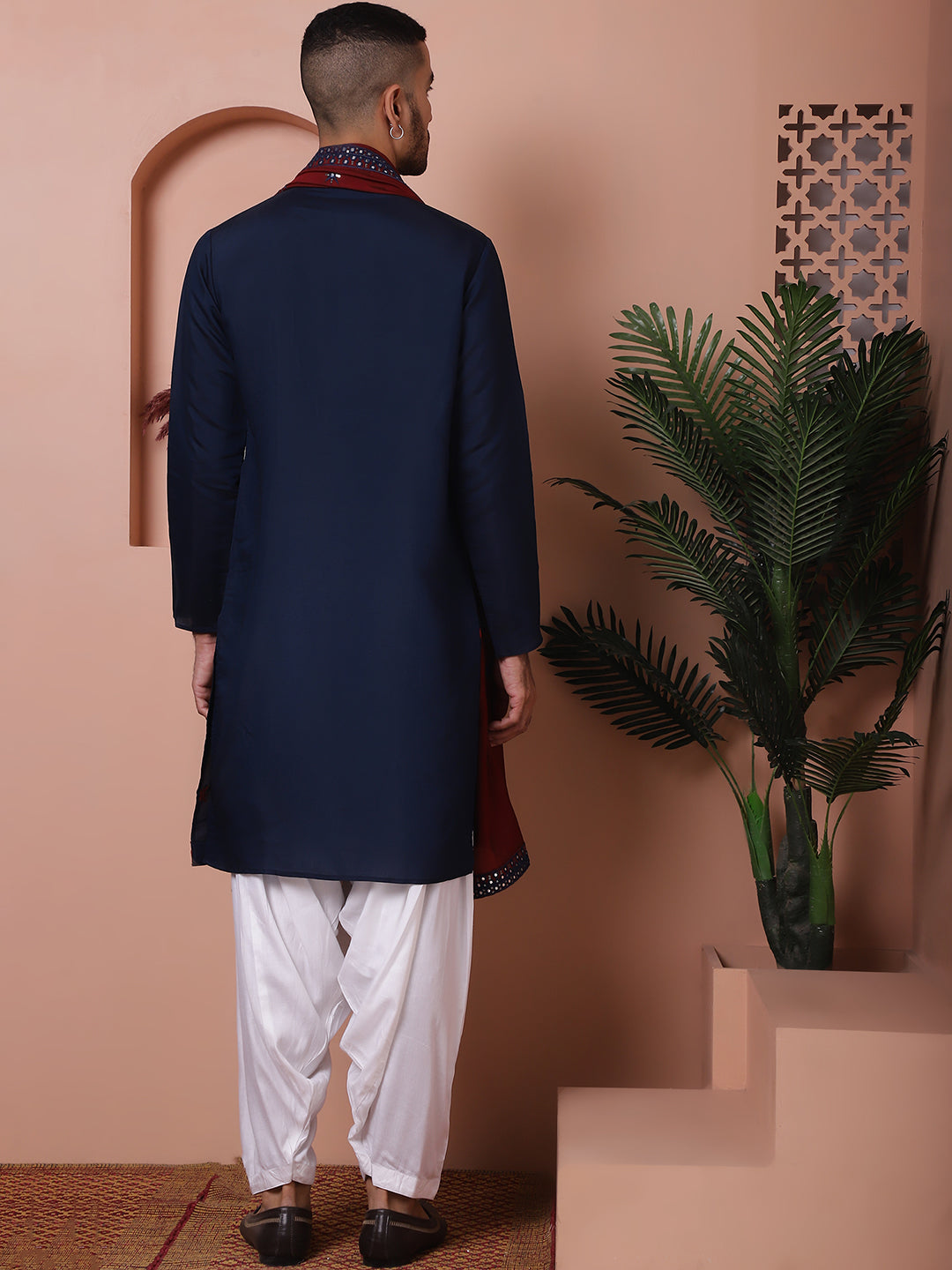 Navy Blue Silk Mirror Sequin Embroidered Kurta Pajama Set with Dupatta