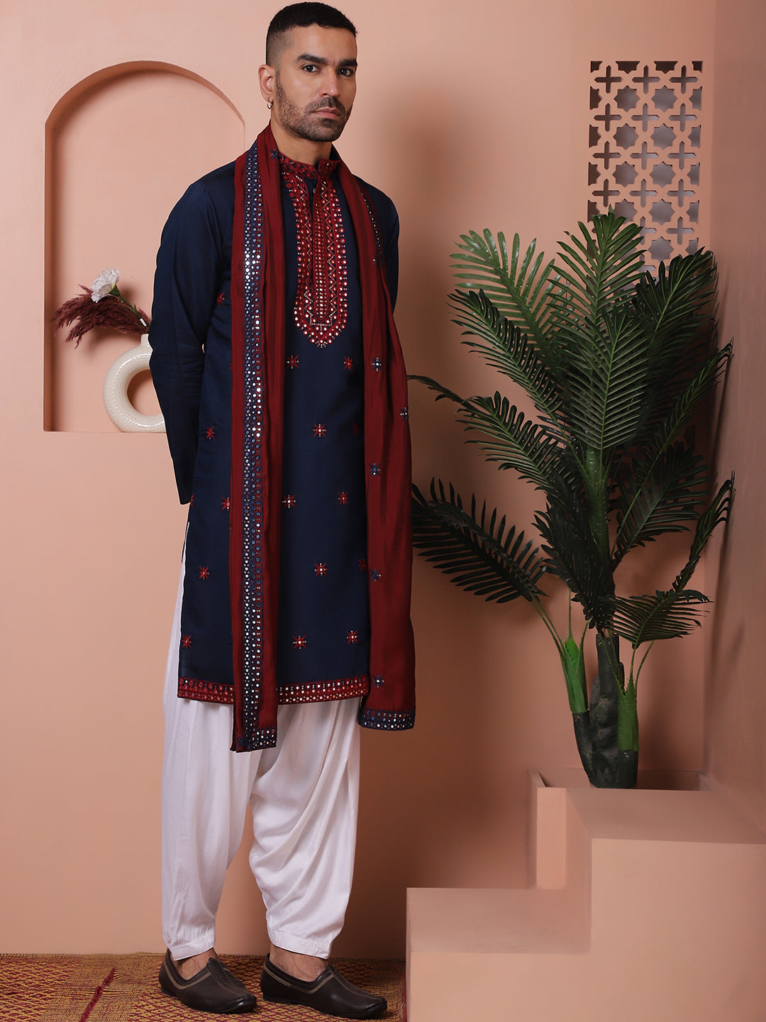 Navy Blue Silk Mirror Sequin Embroidered Kurta Pajama Set with Dupatta