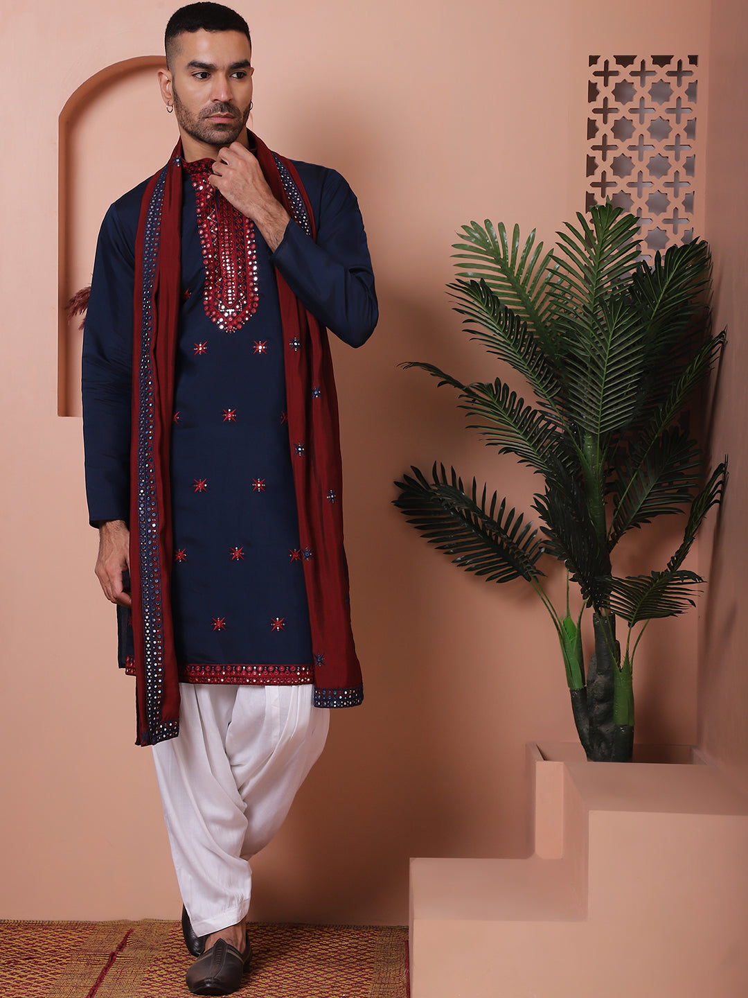 Navy Blue Silk Mirror Sequin Embroidered Kurta Pajama Set with Dupatta