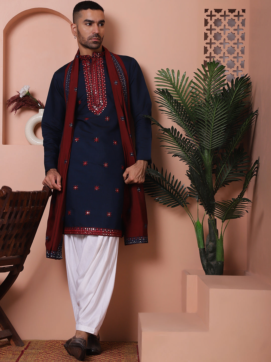 Navy Blue Silk Mirror Sequin Embroidered Kurta Pajama Set with Dupatta