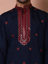 Navy Blue Silk Mirror Sequin Embroidered Kurta Pajama Set with Dupatta