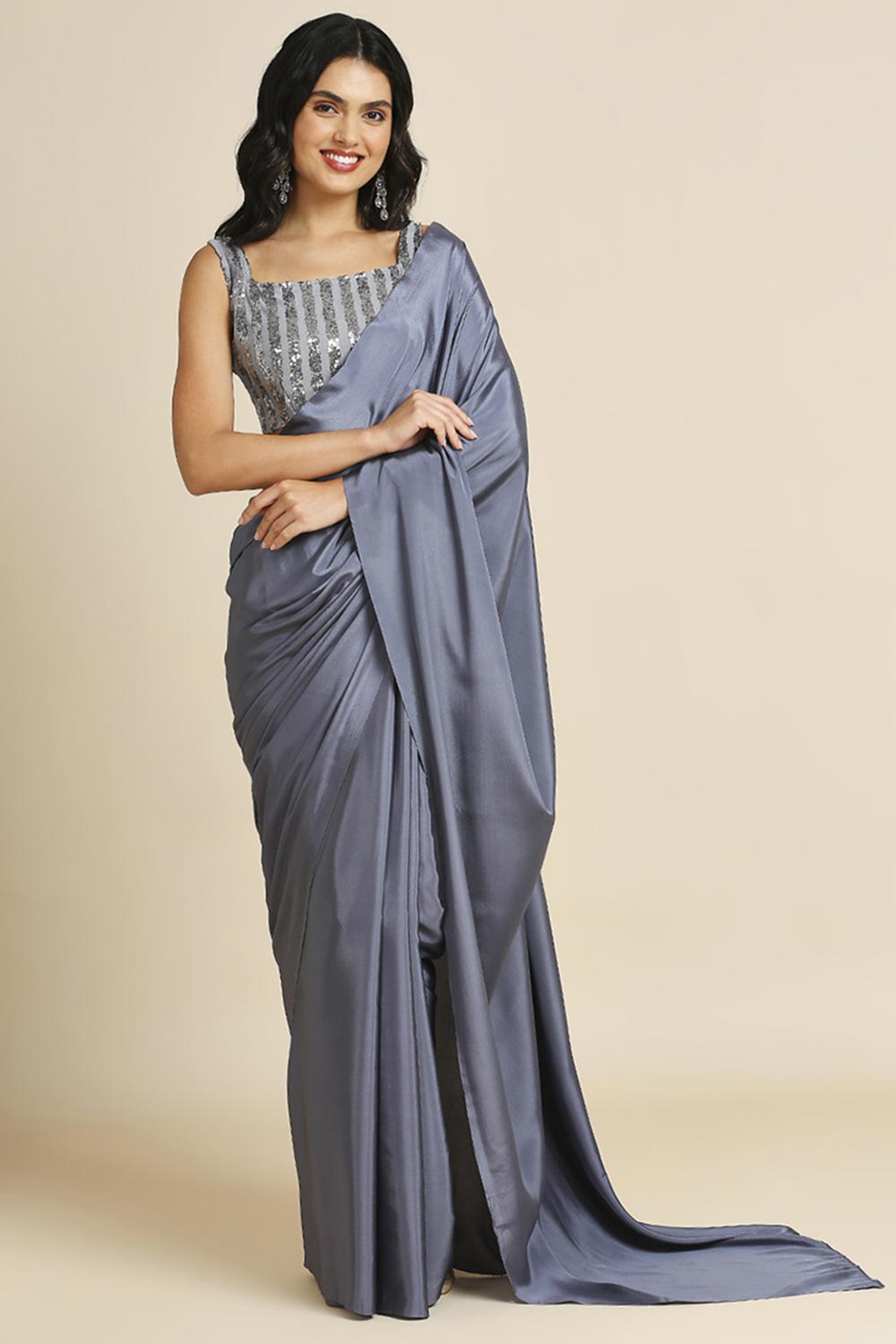 Grey Burfi Silk Saree With Lycra Sequins Unstitch Blouse