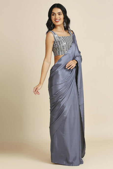 Grey Burfi Silk Saree With Lycra Sequins Unstitch Blouse