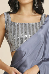 Grey Burfi Silk Saree With Lycra Sequins Unstitch Blouse