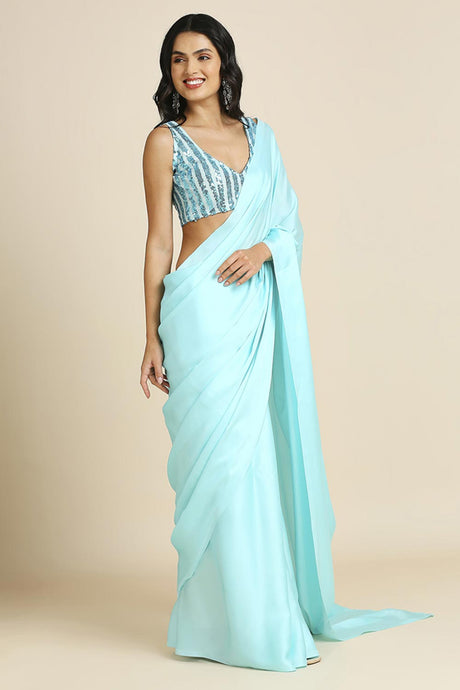 Turquoise Burfi Silk Saree With Lycra Sequins Unstitch Blouse