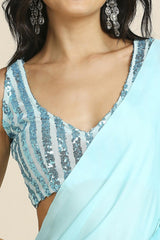 Turquoise Burfi Silk Saree With Lycra Sequins Unstitch Blouse