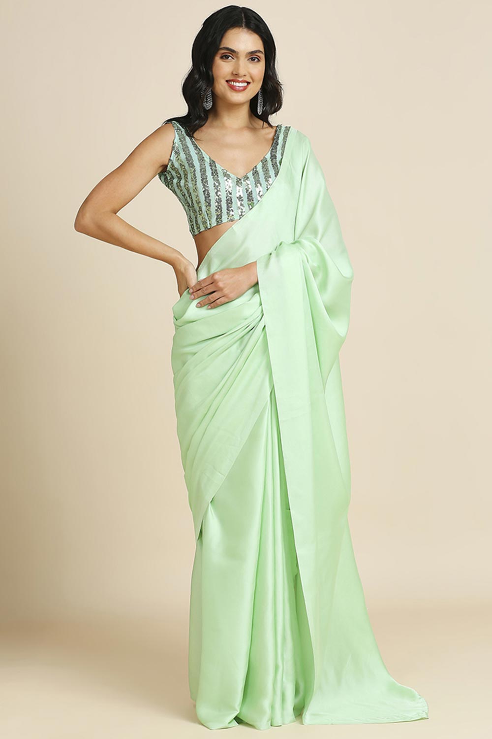 Pista Burfi Silk Saree With Lycra Sequins Unstitch Blouse