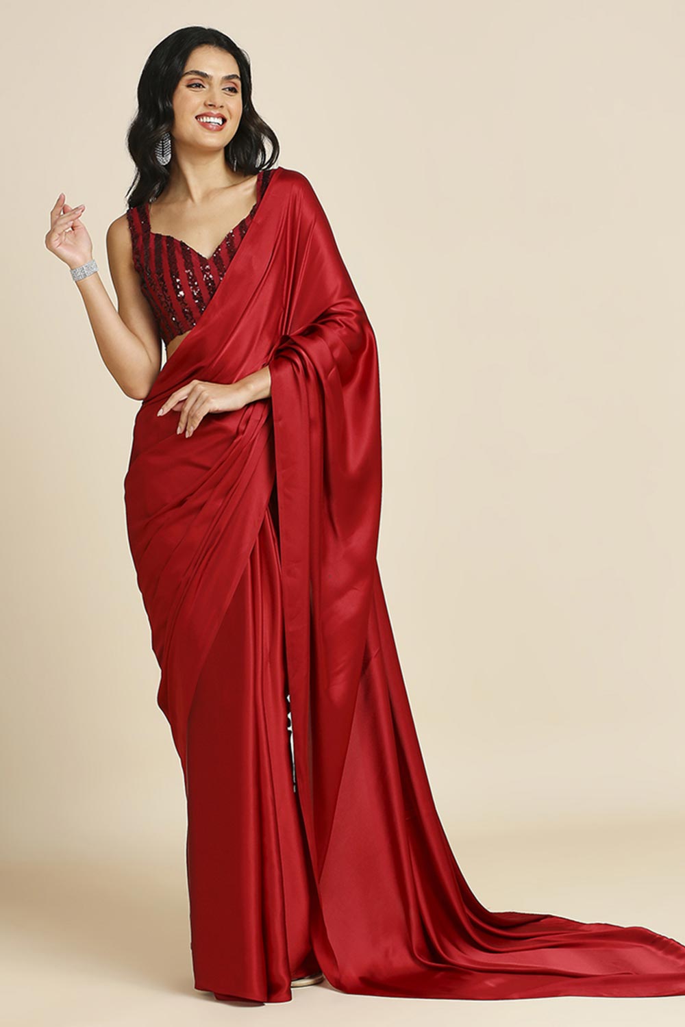 Red Burfi Silk Saree With Lycra Sequins Unstitch Blouse