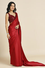 Red Burfi Silk Saree With Lycra Sequins Unstitch Blouse