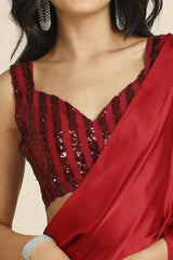 Red Burfi Silk Saree With Lycra Sequins Unstitch Blouse