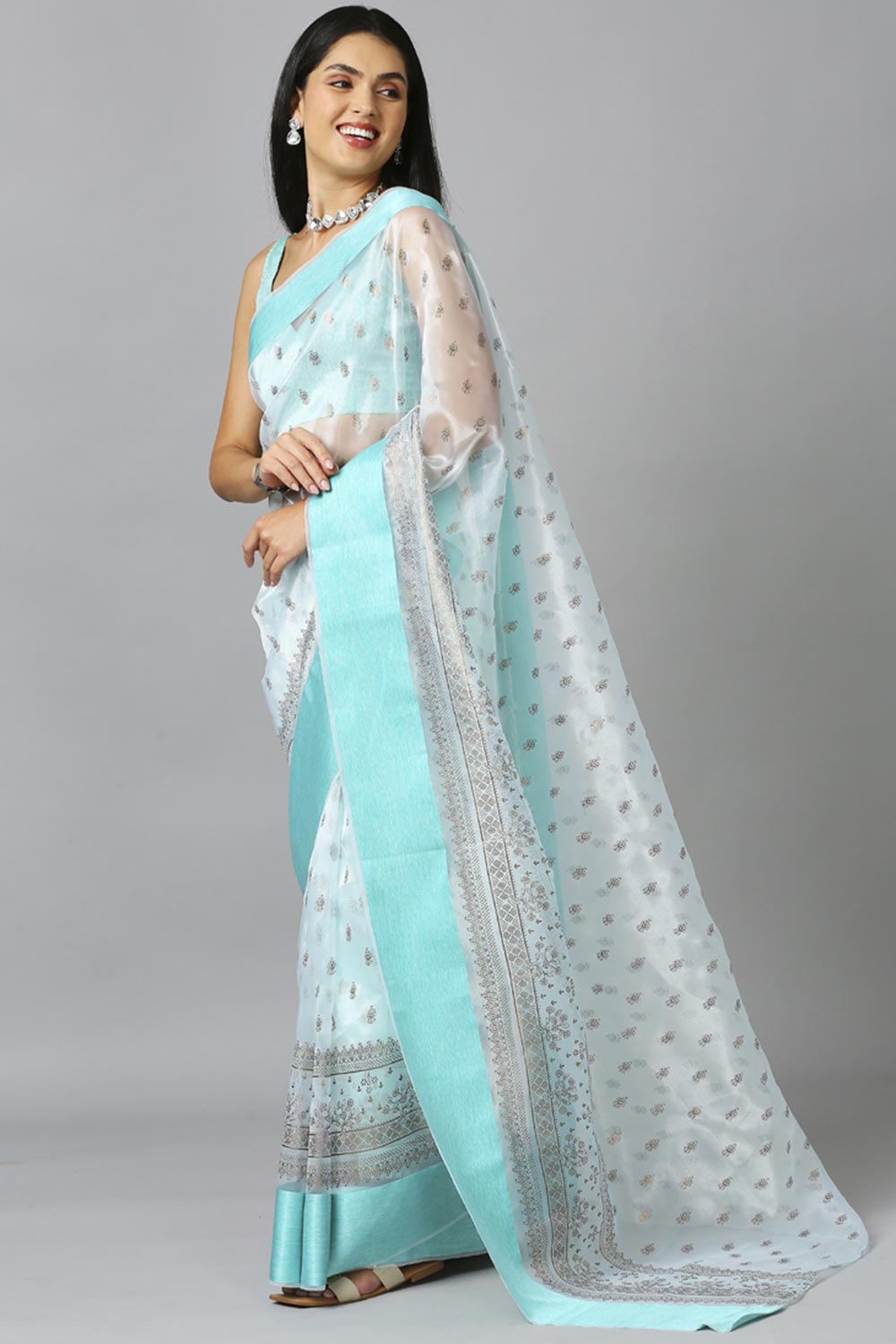 Aqua Blue Organza Tie Dye Party Wear Designer Saree