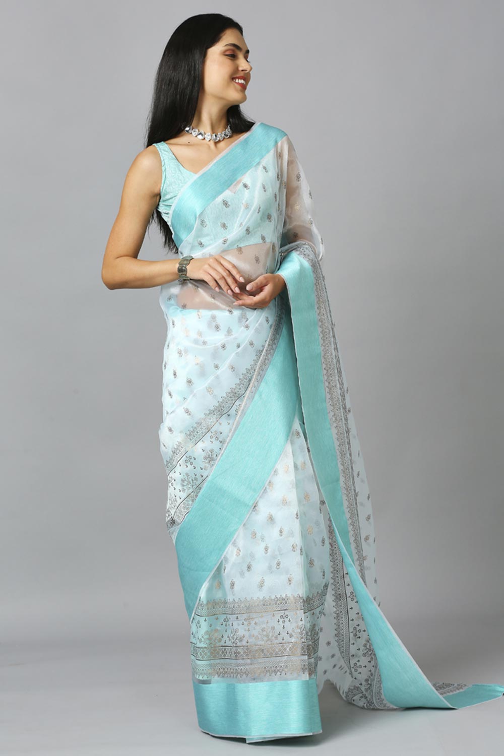 Aqua Blue Organza Tie Dye Party Wear Designer Saree