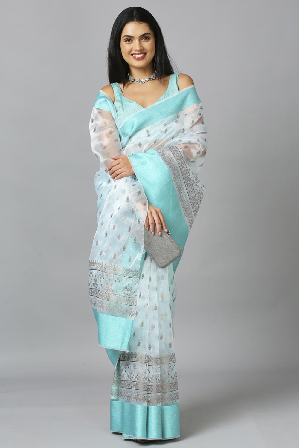 Aqua Blue Organza Tie Dye Party Wear Designer Saree