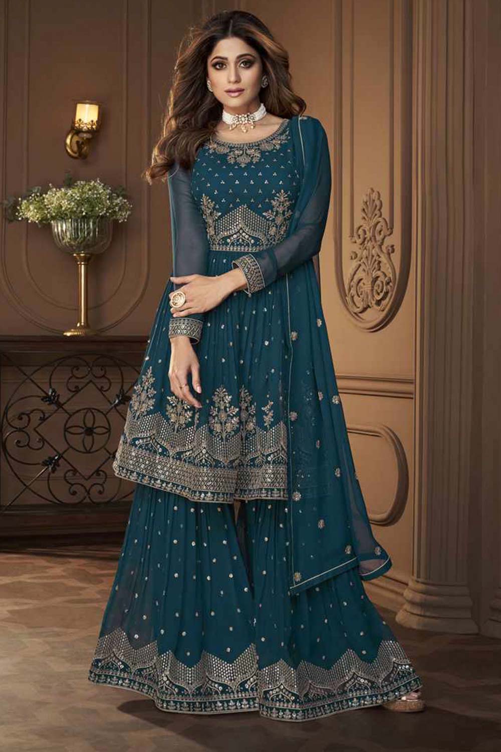 Teal Blue Georgette Embroidered Sharara Suit Set