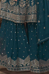 Teal Blue Georgette Embroidered Sharara Suit Set