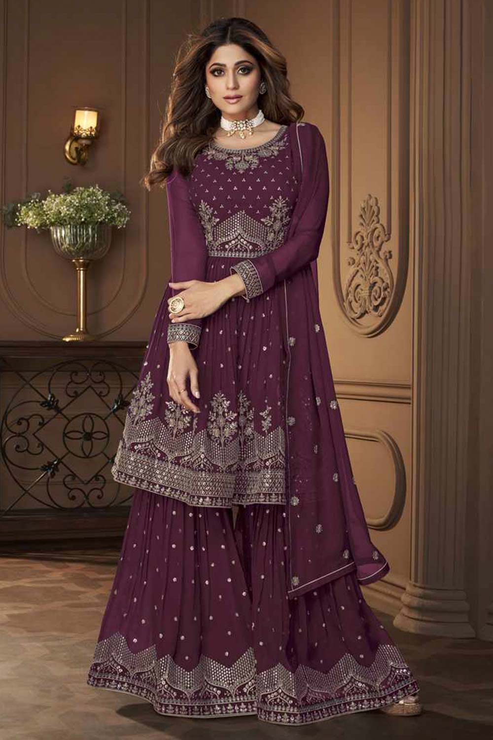 Purple Georgette Embroidered Sharara Suit Set