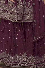 Purple Georgette Embroidered Sharara Suit Set