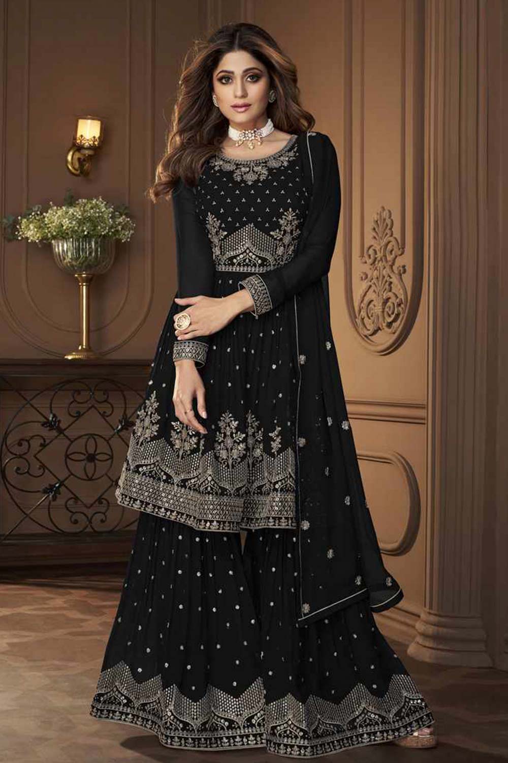 Black Georgette Embroidered Sharara Suit Set