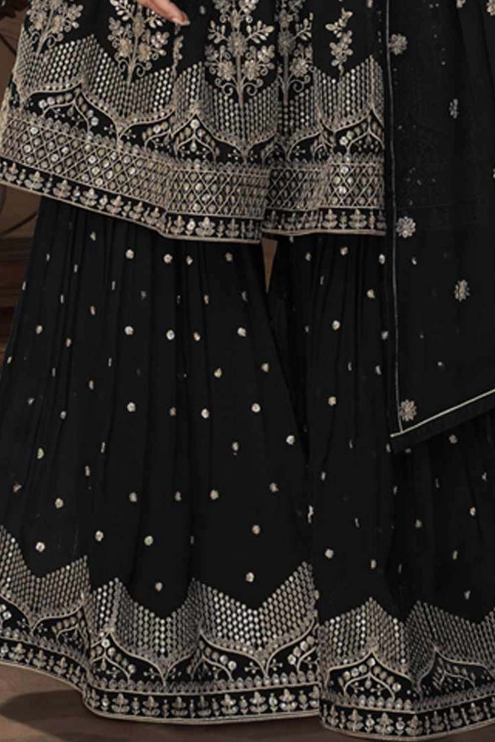 Black Georgette Embroidered Sharara Suit Set