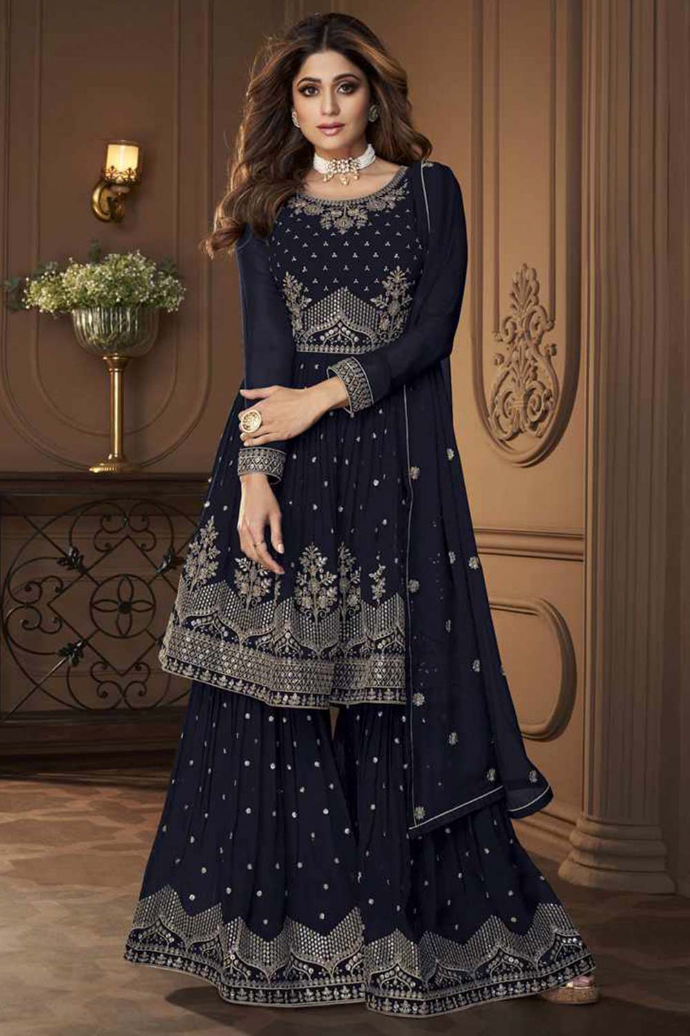 Navy Blue Georgette Embroidered Sharara Suit Set