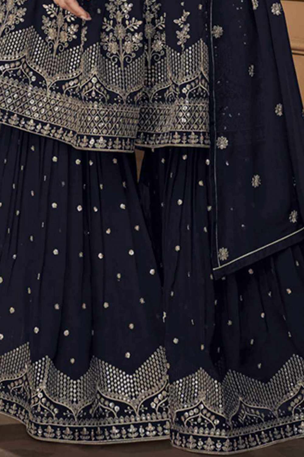 Navy Blue Georgette Embroidered Sharara Suit Set