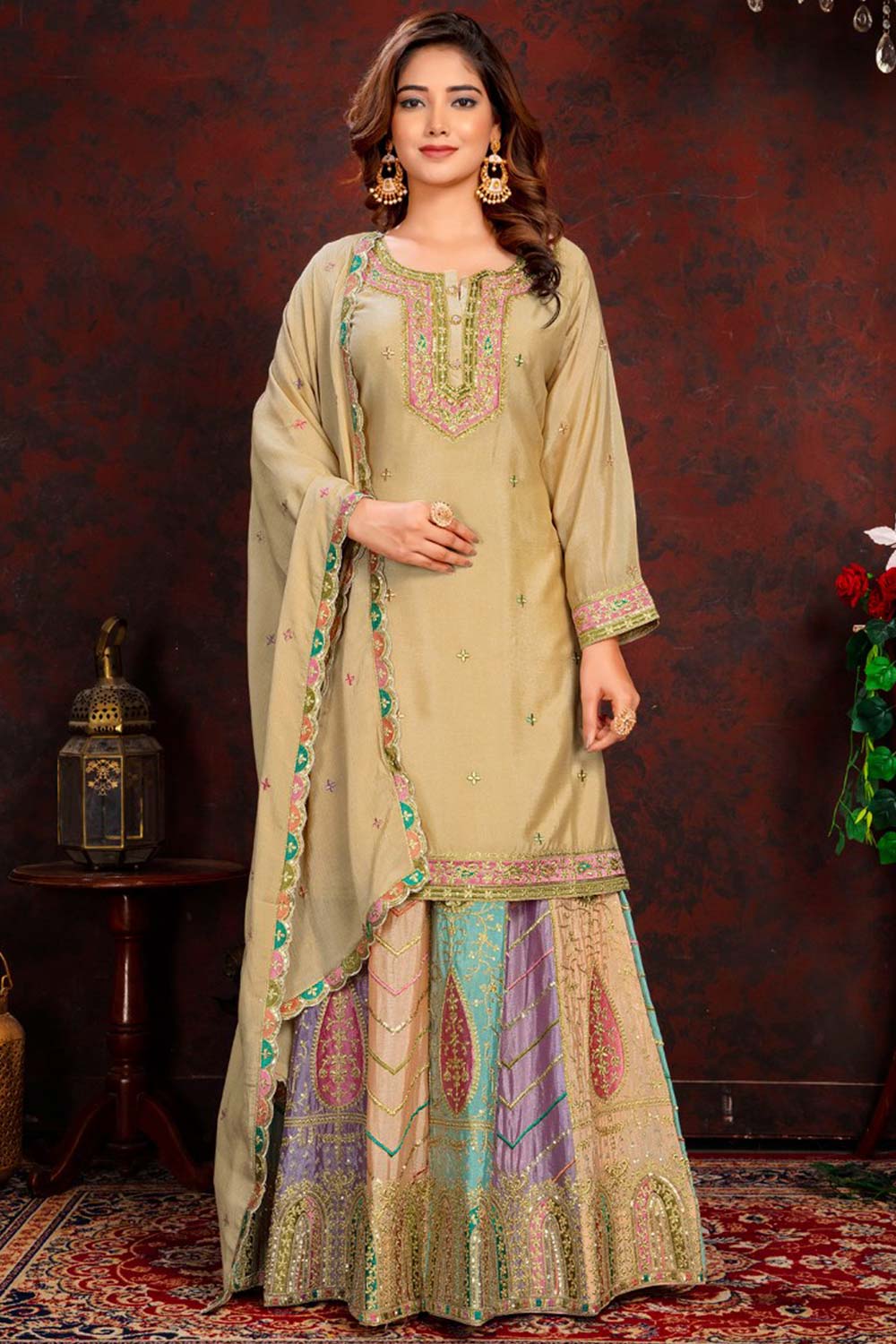 Beige Pure Chinon Embroidered Skirt Suit Set