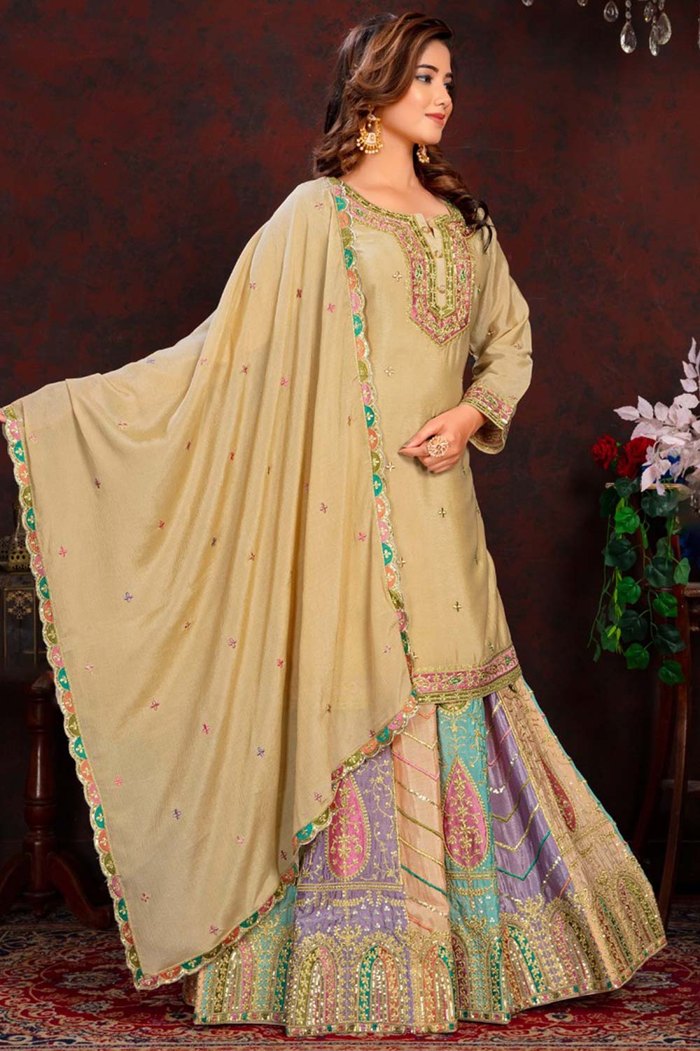 Beige Pure Chinon Embroidered Skirt Suit Set