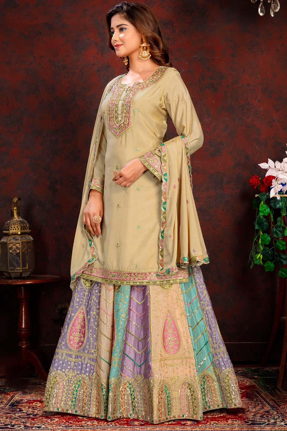 Beige Pure Chinon Embroidered Skirt Suit Set