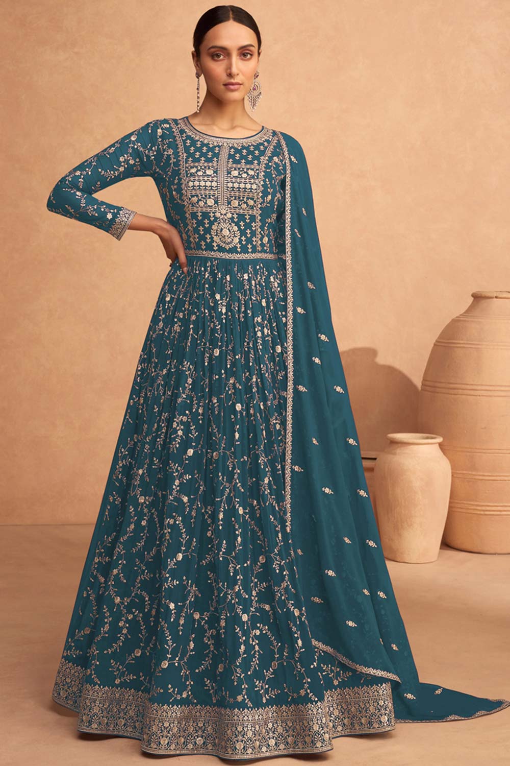 Teal Blue Georgette Embroidered Anarkali Suit Set