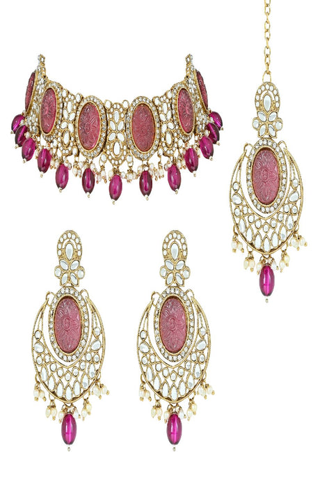 Gold Plated Traditional Red Pearl Kundan & Stone Studded Jewellery Necklace Set with Maang Tikka