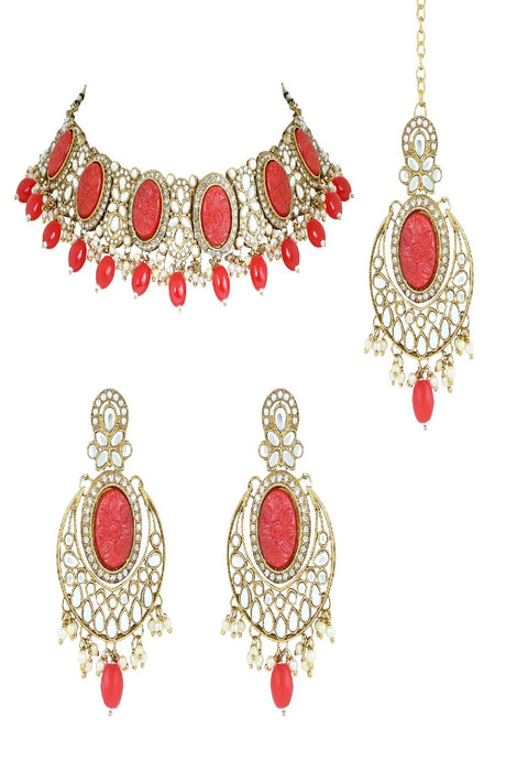 Gold Plated Traditional Red Pearl Kundan & Stone Studded Jewellery Necklace Set with Maang Tikka