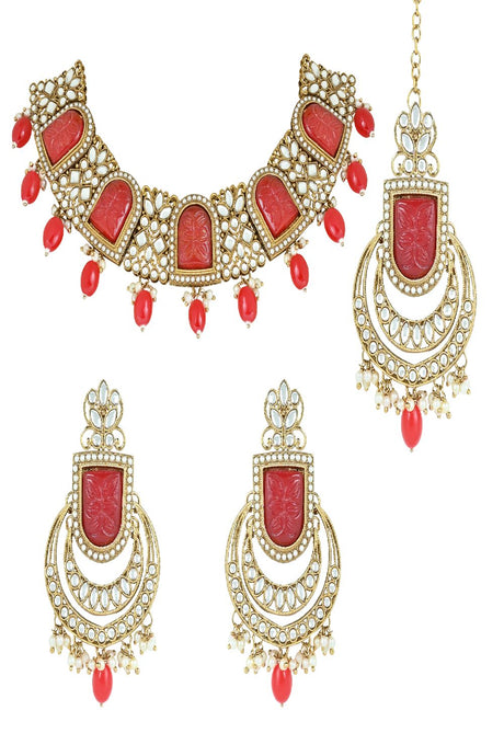 Gold Plated Traditional Pearl Kundan & Stone Studded Jewellery Necklace Set with Maang Tikka